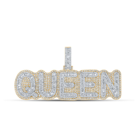 10K Yellow Gold Womens Baguette Diamond Queen Phrase Pendant 7-3/8 Cttw, Length: 1.54 In, Width: 3.31 In