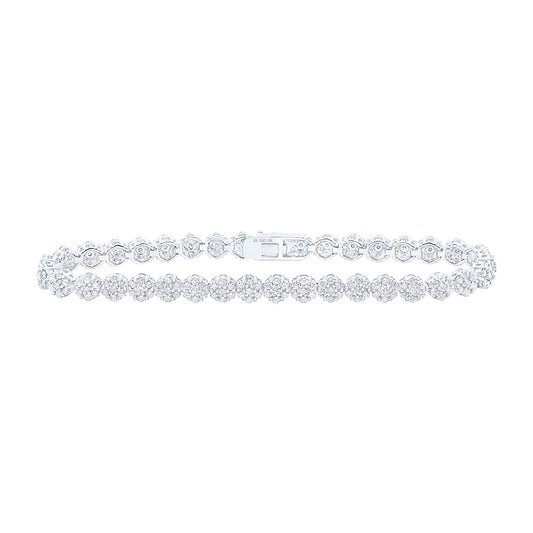 10K White Gold Womens Round Diamond Cluster Link Fashion Bracelet 4-3/8 Cttw