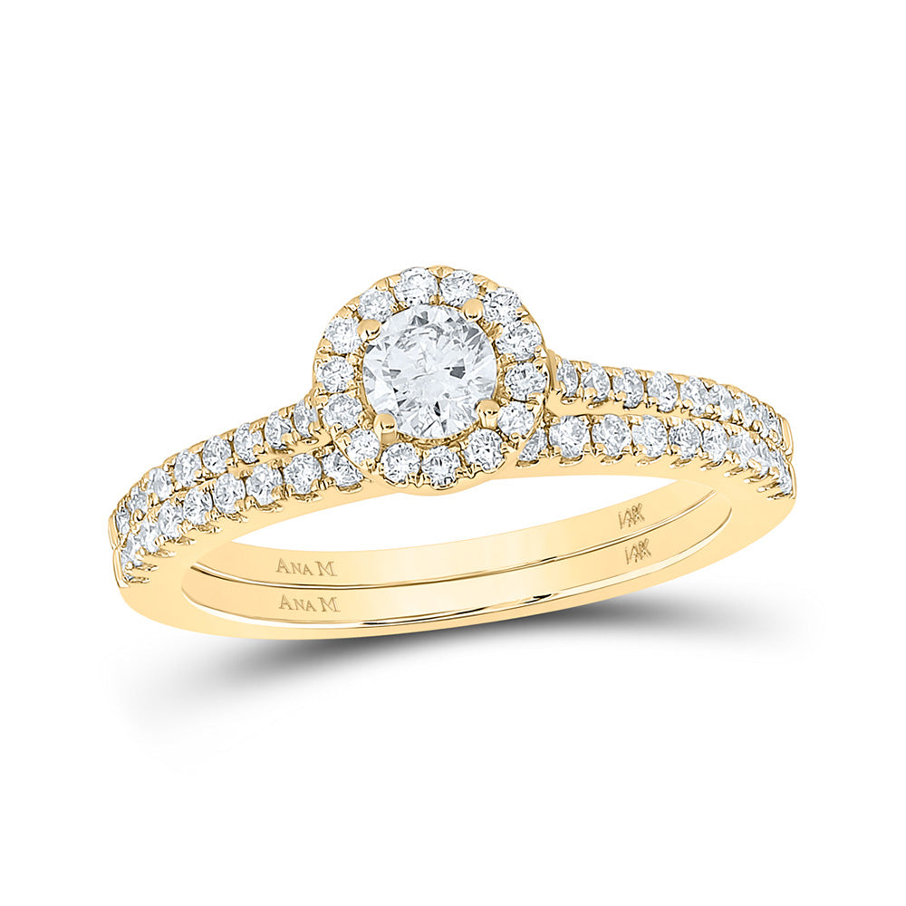 14K Yellow Gold Round Diamond Halo Bridal Wedding Ring Band Set 7/8 Cttw, Womens Size: 5-10