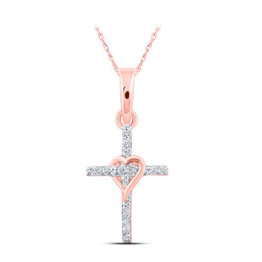 10K Yellow Or White Or Rose Gold Womens Round Diamond Heart Cross Pendant