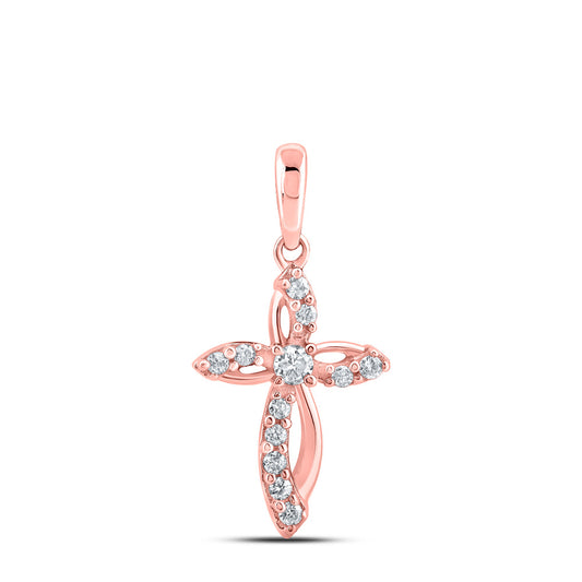 10K Rose Gold Womens Round Diamond Cross Pendant 1/6 Cttw, Length: 0.59 In