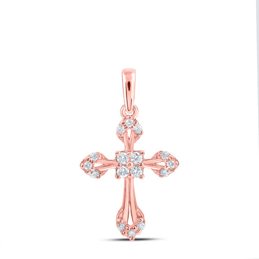 10K Rose Gold Womens Round Diamond Cross Pendant 1/6 Cttw, Length: 0.63 In