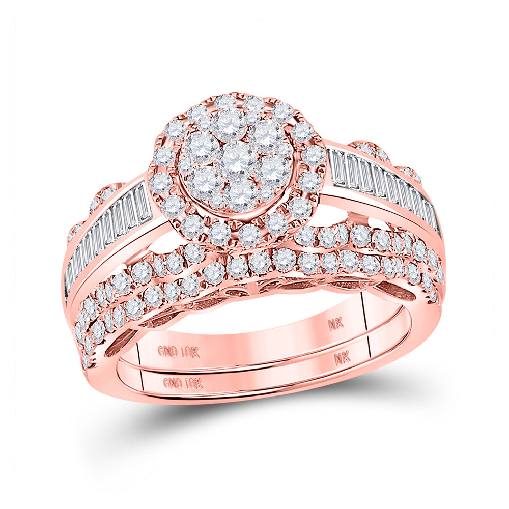 10K Rose Gold Round Diamond Cluster Bridal Wedding Ring Band Set 1-1/2 Cttw, Womens Size: 5-10