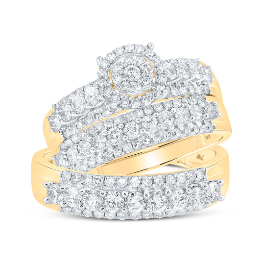 10K Yellow Gold His Hers Round Diamond Cluster Matching Wedding Set 1-3/4 Cttw, Womens Size: 5-10, Mens Size: 7-13