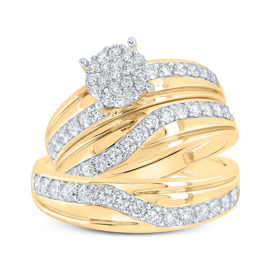 10K Yellow Gold His Hers Round Diamond Cluster Matching Wedding Set 1-1/4 Cttw, Womens Size: 5-10, Mens Size: 7-13