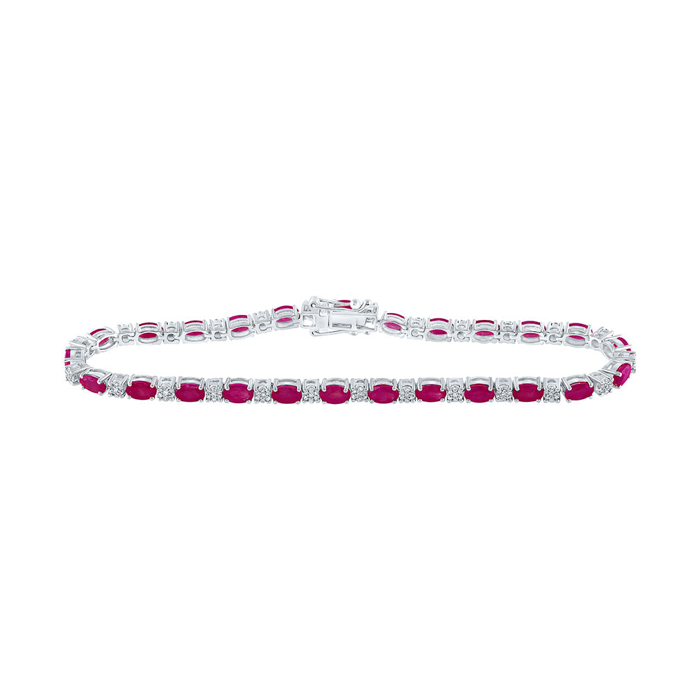 14K White Gold Womens Oval Ruby Diamond Fashion Bracelet 7 Cttw