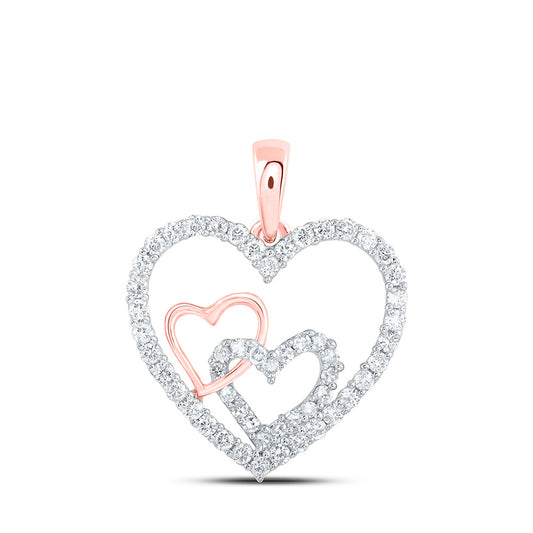 10K Yellow Or White Or Rose Gold Womens Round Diamond Nested Heart Pendant