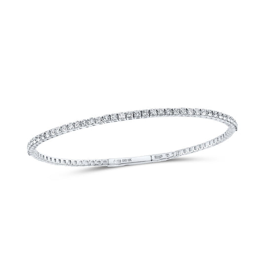 10K White Or Yellow Gold Womens Round Diamond Flexible Single Row Bangle Bracelet