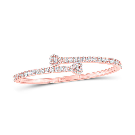 10K Yellow Or Rose Gold Womens Baguette Diamond Heart Cuff Bangle Bracelet