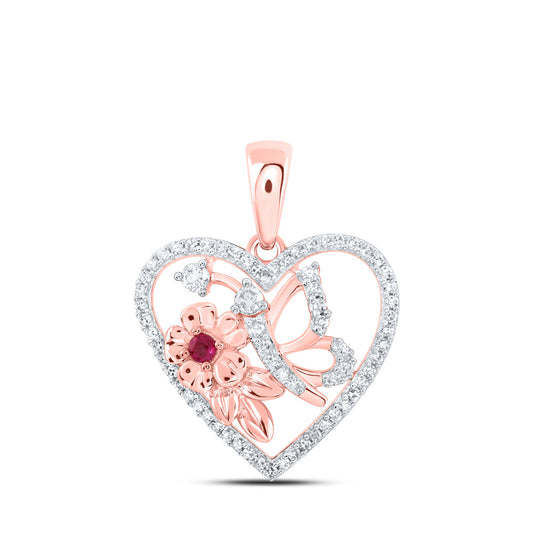 10K Yellow Or White Or Rose Gold Womens Round Ruby Diamond Butterfly Heart Pendant