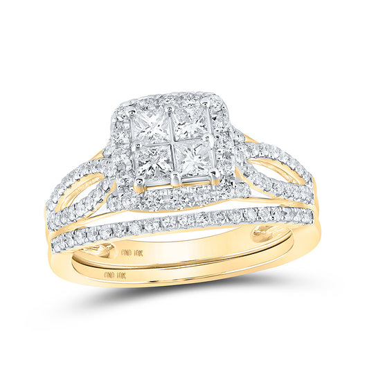 10K Yellow Gold Princess Diamond Square Bridal Wedding Ring Band Set 1 Cttw, Womens Size: 5-10