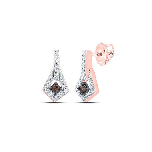 10K Rose Gold Womens Round Brown Diamond Dangle Earrings 1/6 Cttw