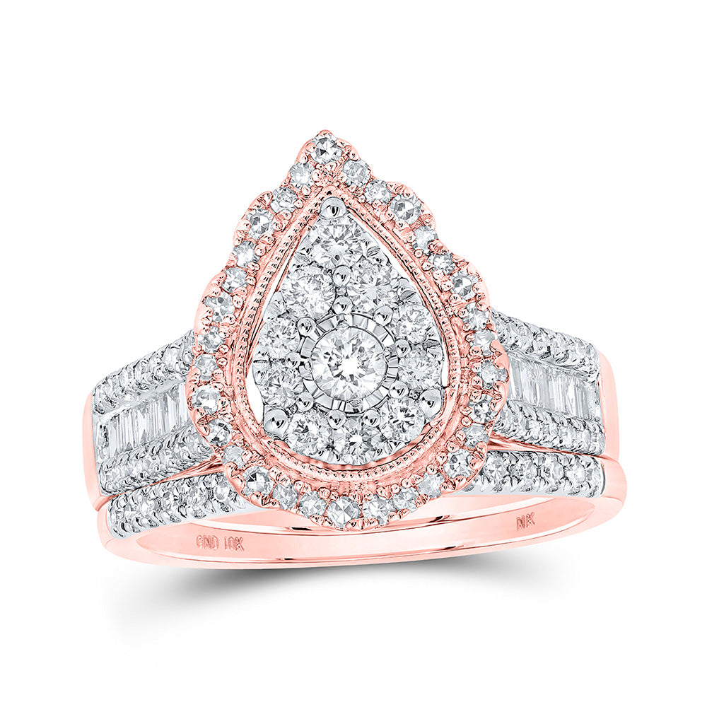 10K Rose Gold Round Diamond Teardrop Bridal Wedding Ring Band Set 1 Cttw, Womens Size: 5-10