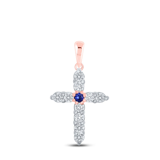 10K Rose Gold Womens Round Blue Sapphire Diamond Cross Pendant 1/2 Cttw