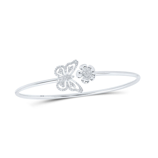 10K White Gold Womens Round Diamond Butterfly Flower Bangle Bracelet 1/4 Cttw