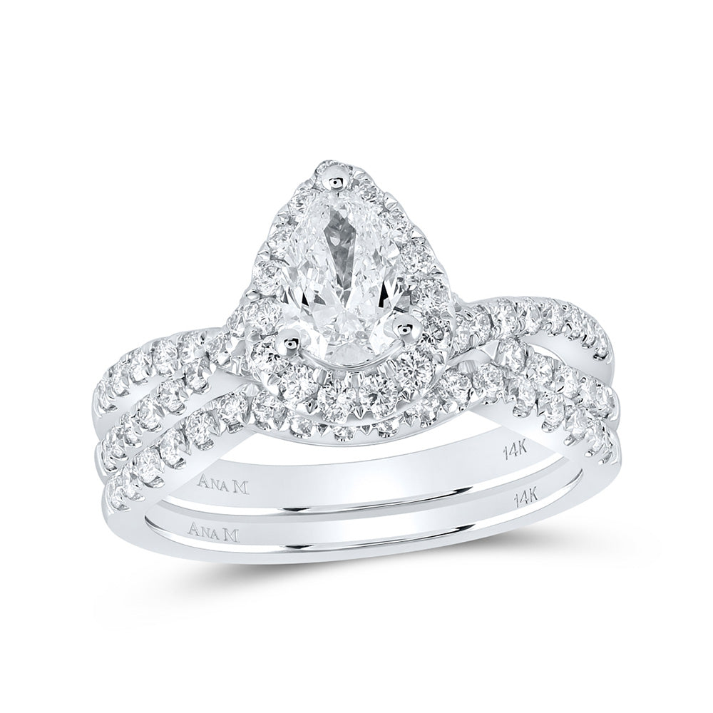 14K White Gold Pear Diamond Halo Bridal Wedding Ring Band Set 1-1/2 Cttw, Womens Size: 5-10