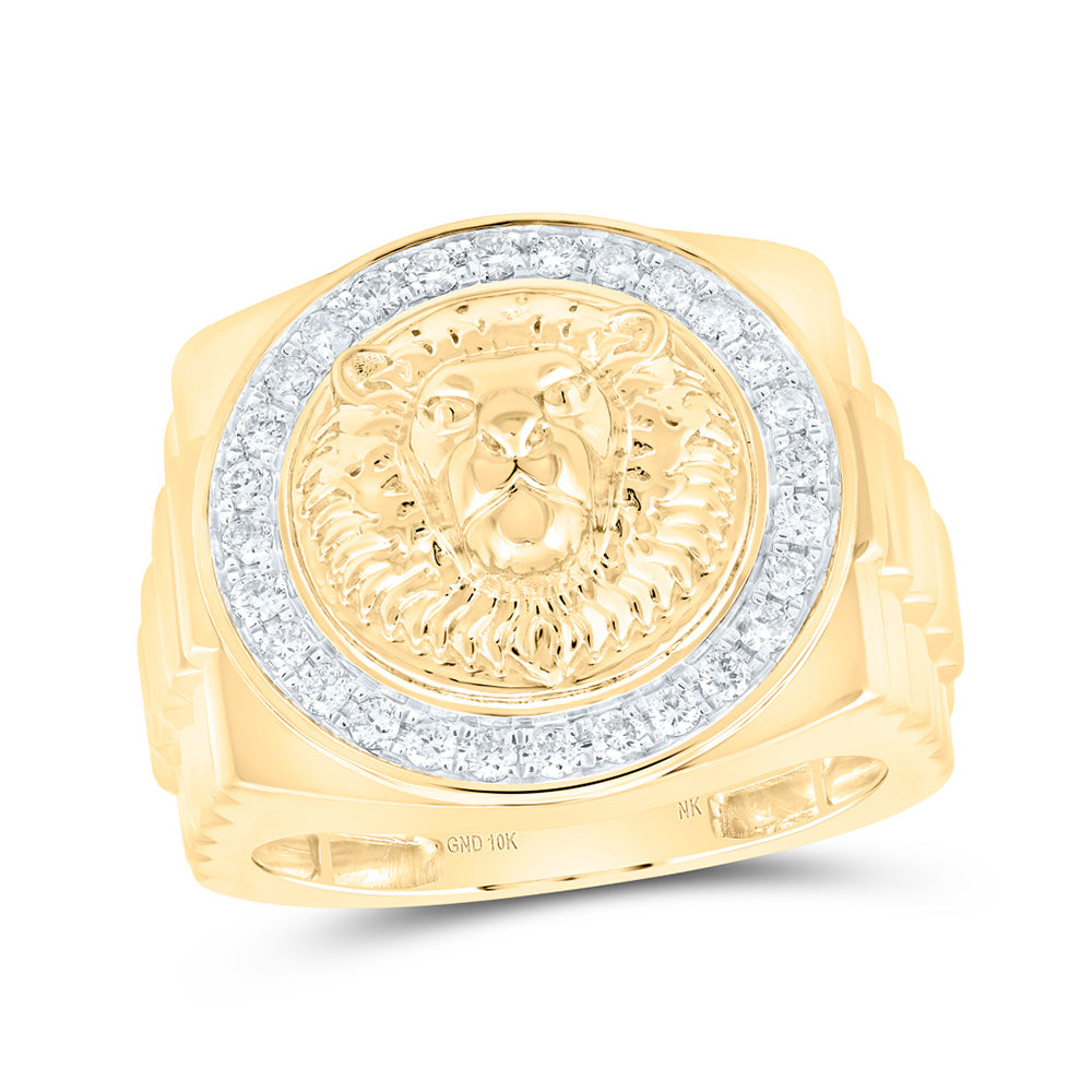 10K Yellow Gold Mens Round Diamond Lion Face Circle Ring 1/2 Cttw, Mens Size: 7-13