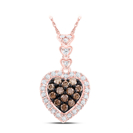 10K Rose Gold Womens Round Brown Diamond Heart Pendant 1/2 Cttw