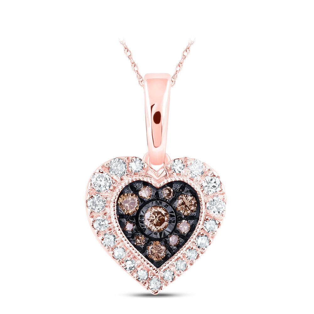 10K Rose Gold Womens Round Brown Diamond Heart Pendant 1/4 Cttw