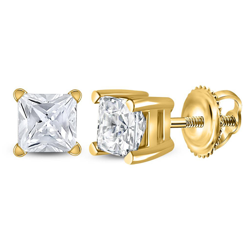 14K Yellow Gold Unisex Princess Diamond Solitaire Stud Earrings 3/4 Cttw