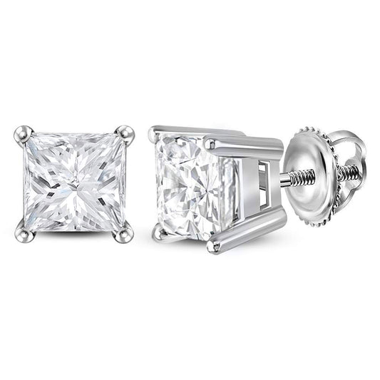 14K White Gold Womens Princess Diamond Solitaire Earrings 1-1/2 Cttw