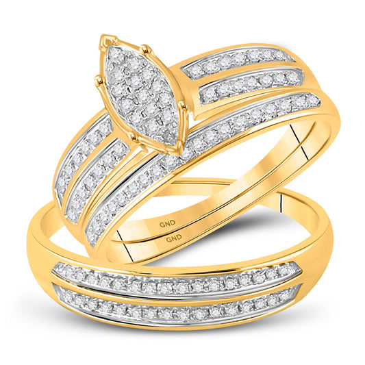 10K Yellow Gold His Hers Round Diamond Cluster Matching Wedding Set 1/4 Cttw, Womens Size: 5-10, Mens Size: 7-13