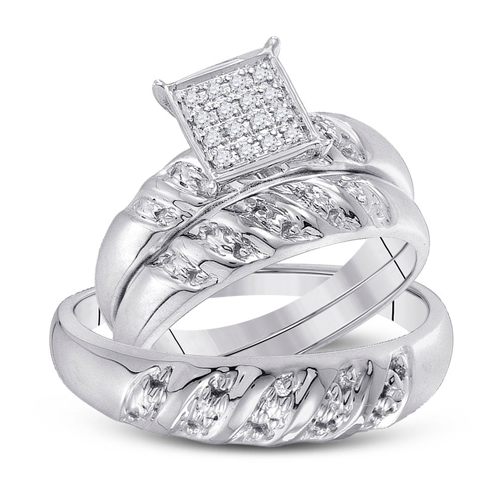 10K White Gold His Hers Round Diamond Cluster Matching Wedding Set 1/12 Cttw, Womens Size: 5-10, Mens Size: 7-13