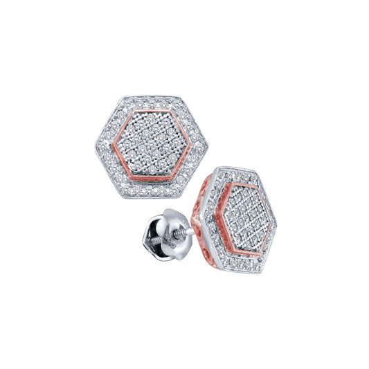 10K White Gold Womens Round Diamond Cluster Rose-tone Hexagon Stud Earrings 1/3 Cttw, Length: 0.44 In, Width: 0.38 In