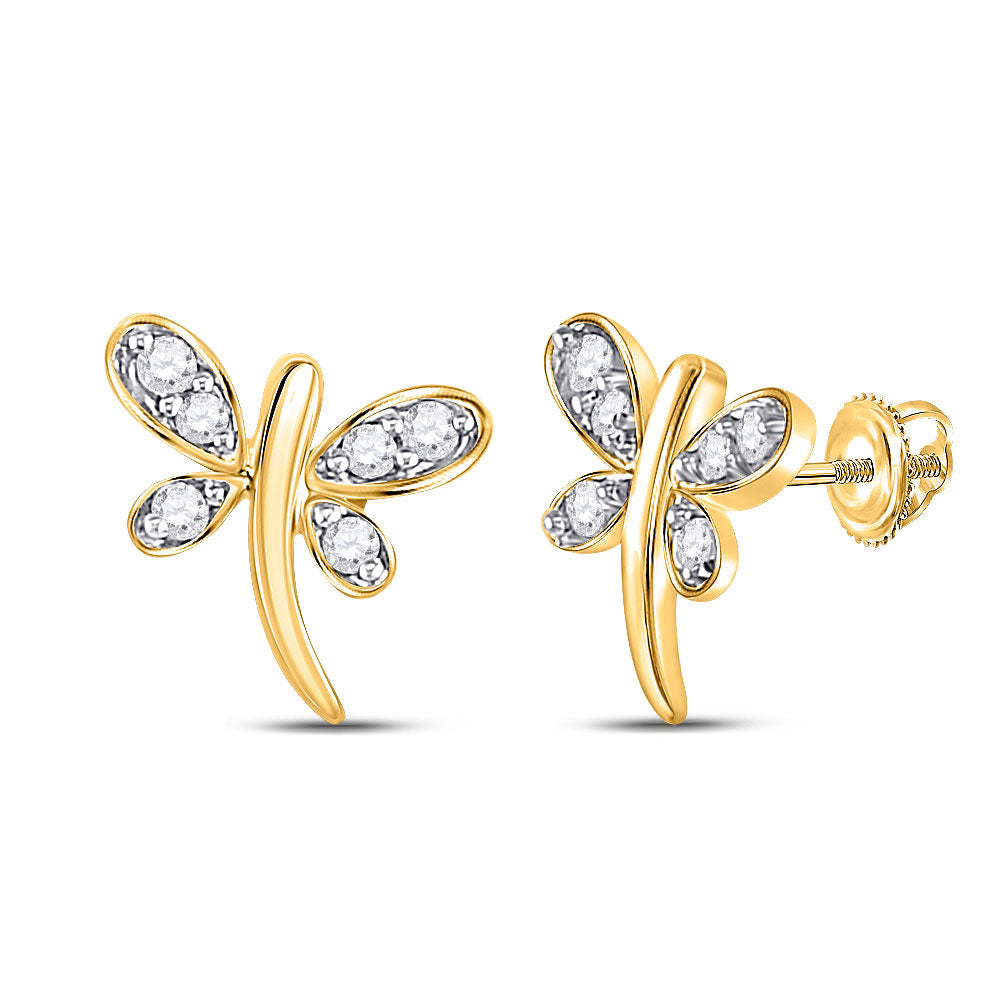 10K Yellow Gold Womens Round Diamond Dragonfly Butterfly Bug Stud Earrings 1/20 Cttw