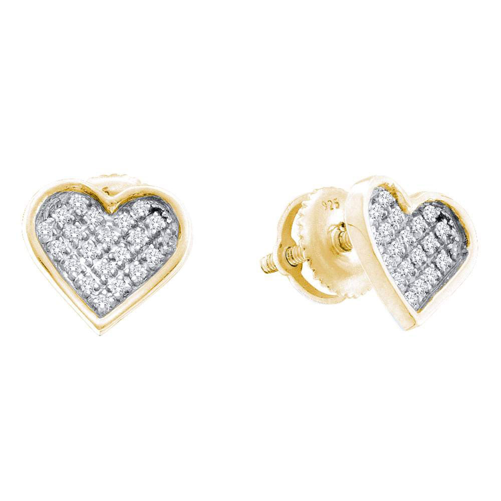 Yellow-tone Sterling Silver Womens Round Diamond Heart Earrings 1/20 Cttw, Length: 0.22 In, Width: 0.26 In