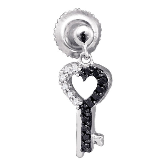 10K White Gold Womens Round Black Color Enhanced Diamond Key Heart Dangle Earrings 1/6 Cttw, Length: 0.67 In, Width: 0.2 In