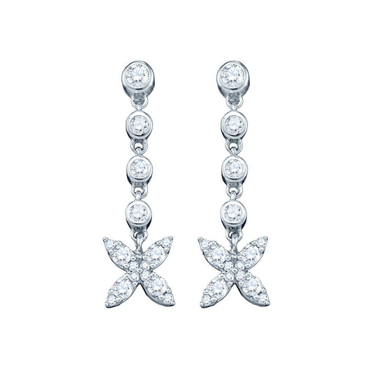 10K White Gold Womens Round Diamond Flower Cluster Dangle Earrings 3/4 Cttw, Length: 1.06 In, Width: 0.28 In