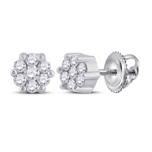 Sterling Silver Womens Round Diamond Flower Cluster Stud Earrings 1/6 Cttw, Length: 0.16 In, Width: 0.16 In