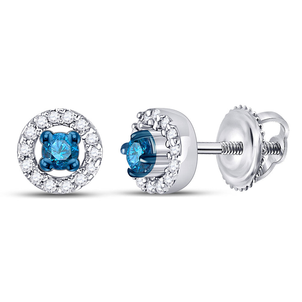 10K White Gold Womens Round Blue Color Enhanced Diamond Halo Earrings 1/5 Cttw, Length: 0.2 In, Width: 0.2 In