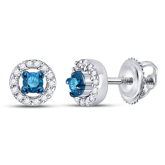 10K White Gold Womens Round Blue Color Enhanced Diamond Halo Earrings 1/5 Cttw, Length: 0.2 In, Width: 0.2 In