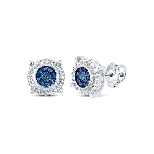 Sterling Silver Womens Round Blue Color Enhanced Diamond Stud Earrings 1/10 Cttw, Length: 0.35 In, Width: 0.35 In