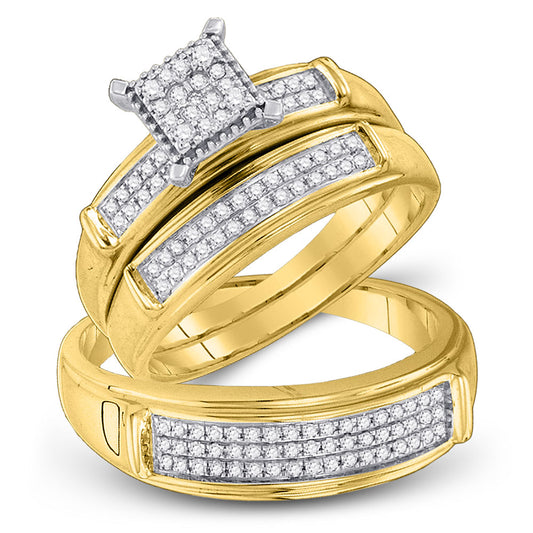 10K Yellow Gold His Hers Round Diamond Square Matching Wedding Set 3/8 Cttw, Womens Size: 5-10, Mens Size: 7-13