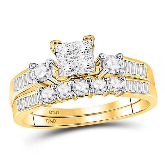 10K Yellow Gold Princess Diamond Cluster Bridal Wedding Ring Band Set 7/8 Cttw, Womens Size: 5-10