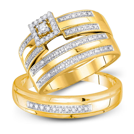 10K Yellow Gold His Hers Round Diamond Square Matching Wedding Set 1/4 Cttw, Womens Size: 5-10, Mens Size: 7-13