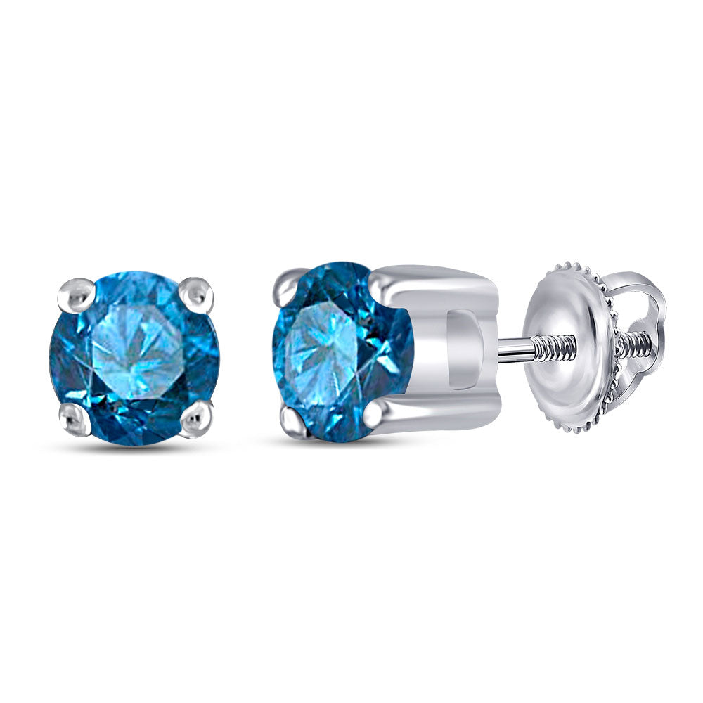 10K White Gold Womens Round Blue Color Enhanced Diamond Solitaire Stud Earrings 1/4 Cttw