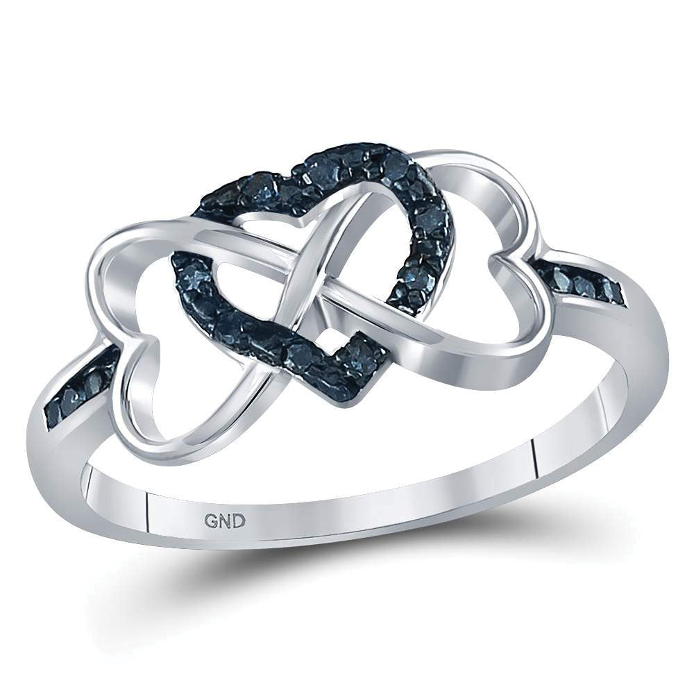 Sterling Silver Womens Round Color Enhanced Blue Diamond Triple Heart Infinity Ring 1/10 Cttw, Womens Size: 5-10