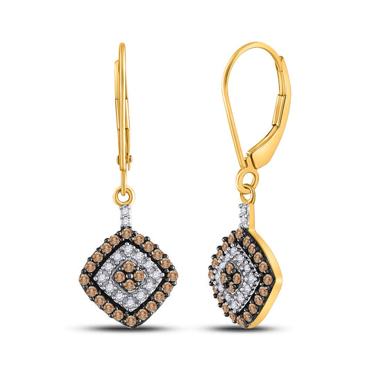 10K Yellow Gold Womens Round Brown Diamond Square Dangle Earrings 1/2 Cttw