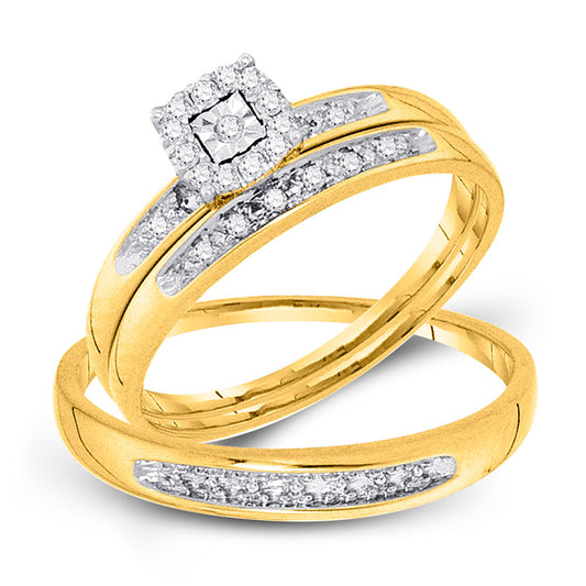 10K Yellow Gold His Hers Round Diamond Solitaire Matching Wedding Set 1/12 Cttw, Womens Size: 5-10, Mens Size: 7-13