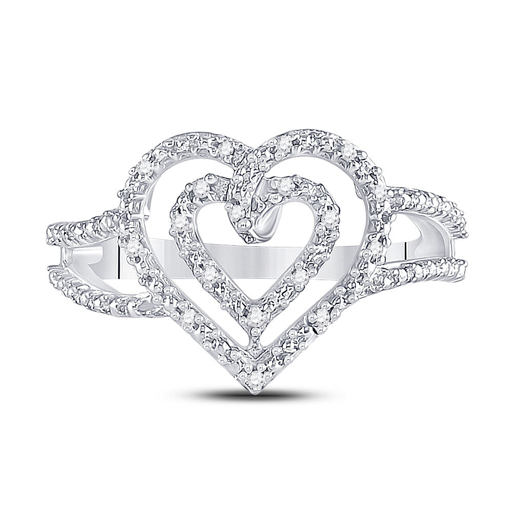 Sterling Silver Womens Round Diamond Nested Double Heart Ring 1/20 Cttw, Womens Size: 5-10