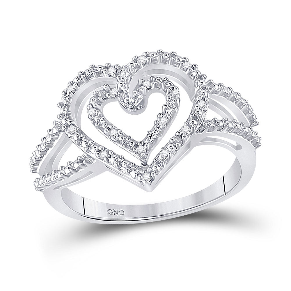 Sterling Silver Womens Round Diamond Nested Double Heart Ring 1/20 Cttw, Womens Size: 5-10