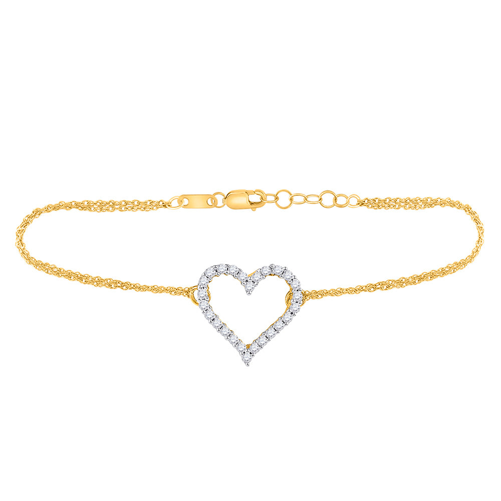 10K Yellow Gold Womens Round Diamond Heart Bracelet 1/8 Cttw, Length: 7.14 In, Width: 0.41 In