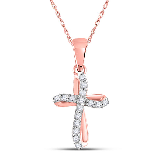 10K Rose Gold Womens Round Diamond Cross Pendant 1/10 Cttw, Length: 0.74 In, Width: 0.39 In