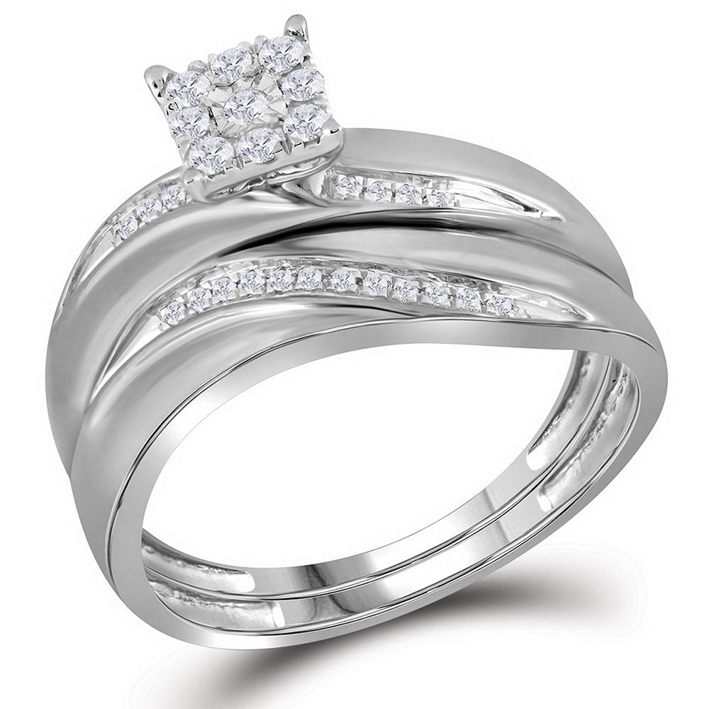 10K White Gold His Hers Round Diamond Cluster Matching Wedding Set 1/5 Cttw, Womens Size: 5-10, Mens Size: 7-13