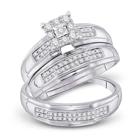 10K White Gold His Hers Round Diamond Cluster Matching Wedding Set 1/3 Cttw, Womens Size: 5-10, Mens Size: 7-13