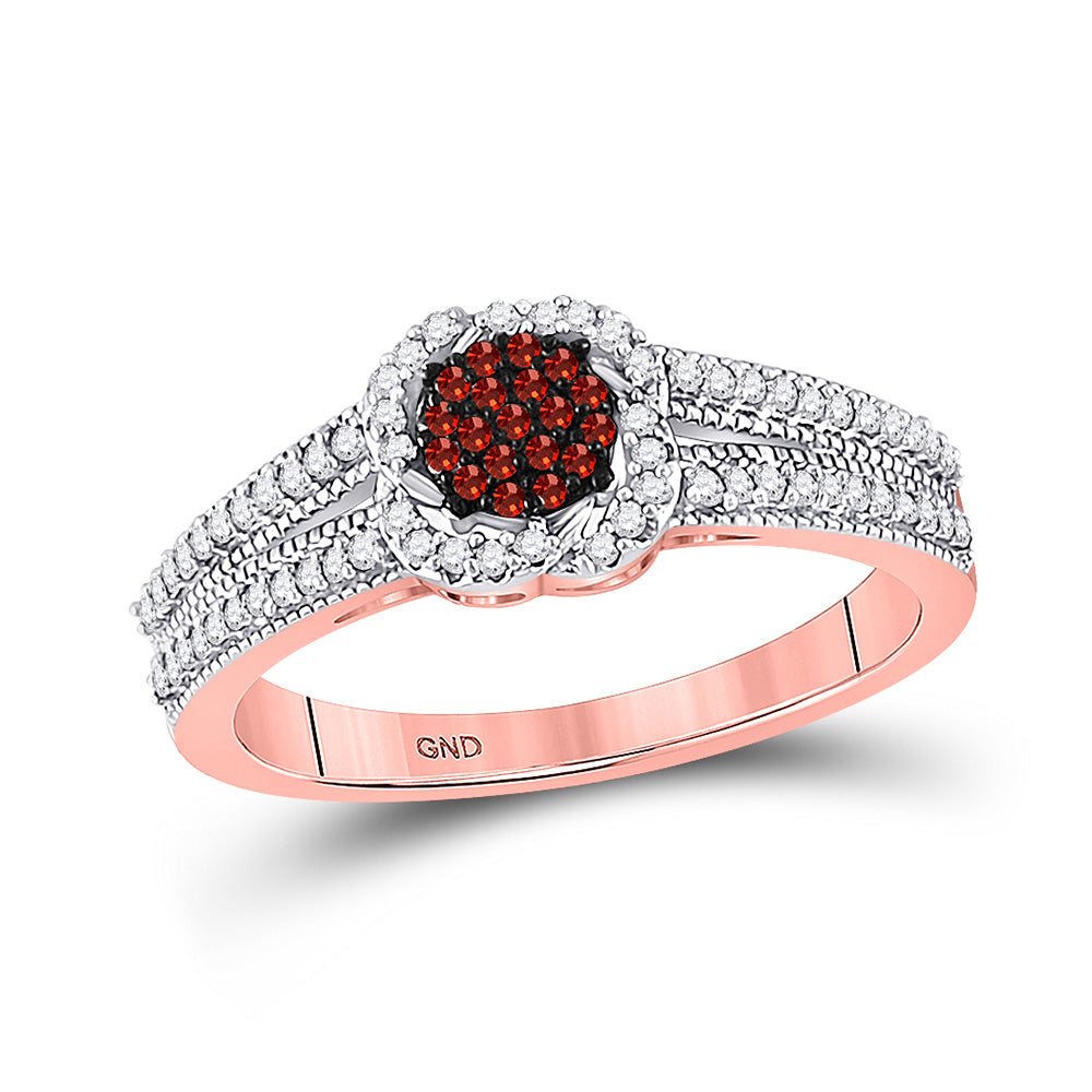 10K Rose Gold Womens Round Red Color Enhanced Diamond Cluster Ring 1/4 Cttw, Womens Size: 5-10